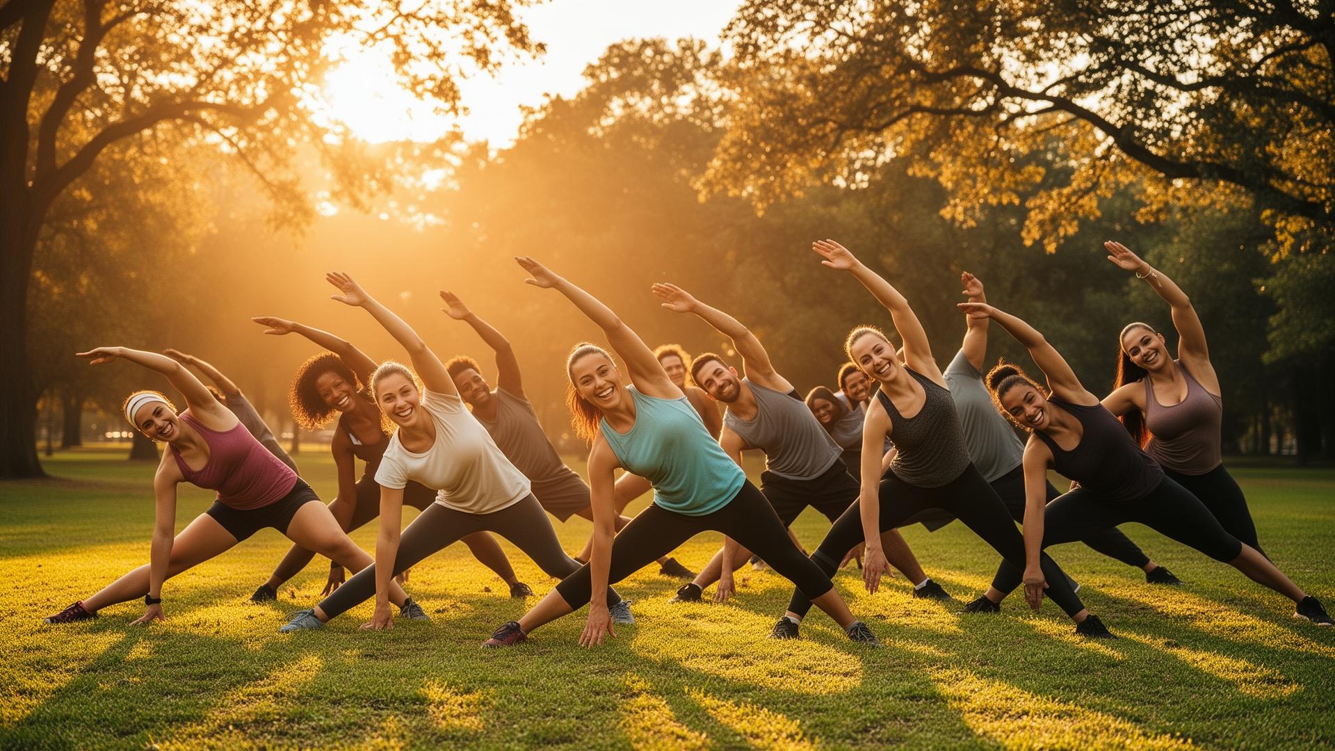 Grupo de pessoas praticando atividade física ao ar livre representando saúde e comunidade